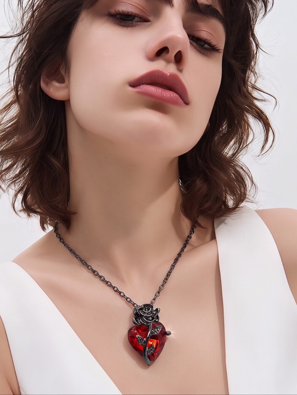 Black Rose Red Heart Necklace Gothic Crystal Pendant Edgy Romantic Jewelry NWT
